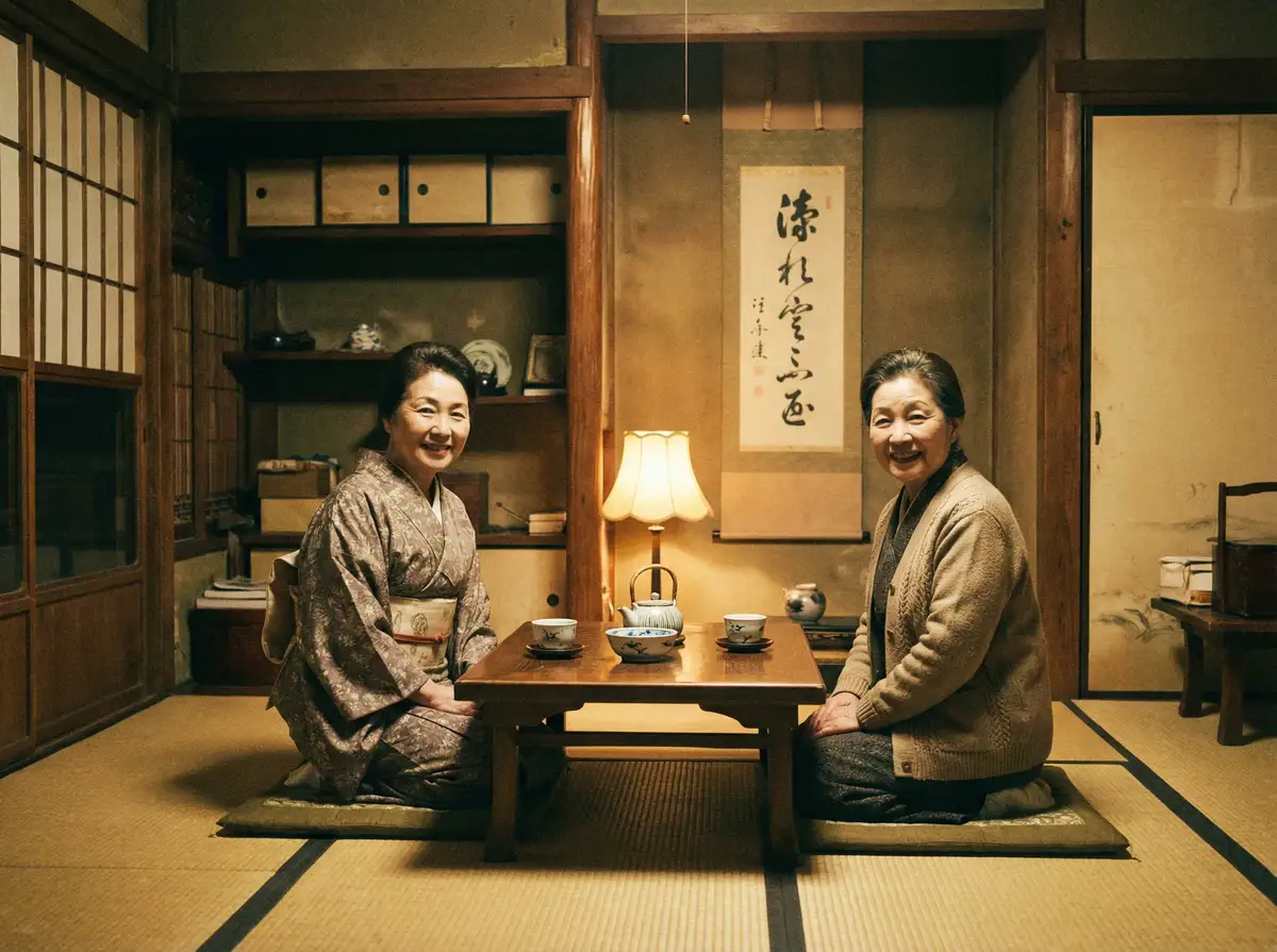 两位优雅的 彩富体育网站 在日式茶室中品茶交谈